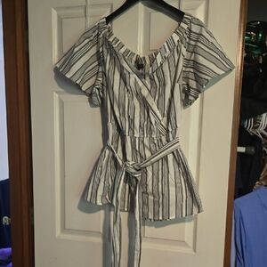 Lane Bryant Black and White Wrap Blouse with Short Sleeves